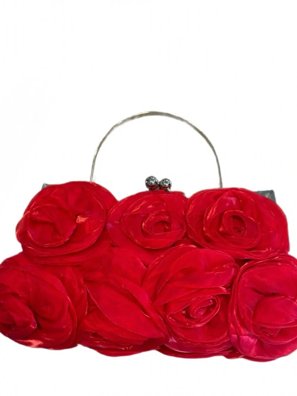 Helen Heart Red Rosette Formal Evening Bag NWT Silver Handle Chain Strap - Picture 4 of 8